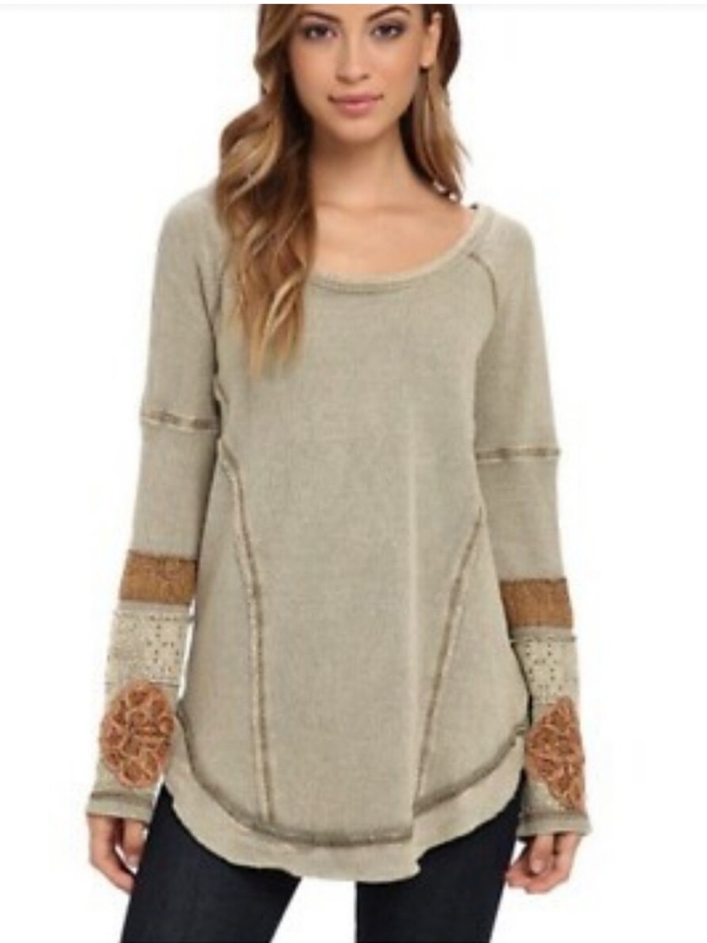 Free People Womens 100% Cotton Lace Crochet Patch Thermal Knit Size Large Boho